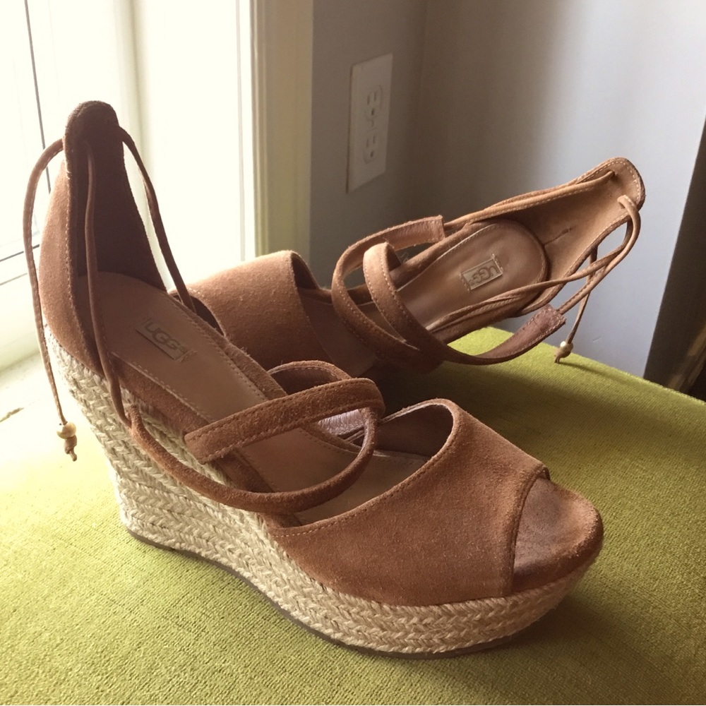 New UGG Brown Suede Reagan Espadrille Wedge Sandals, Size 7.5